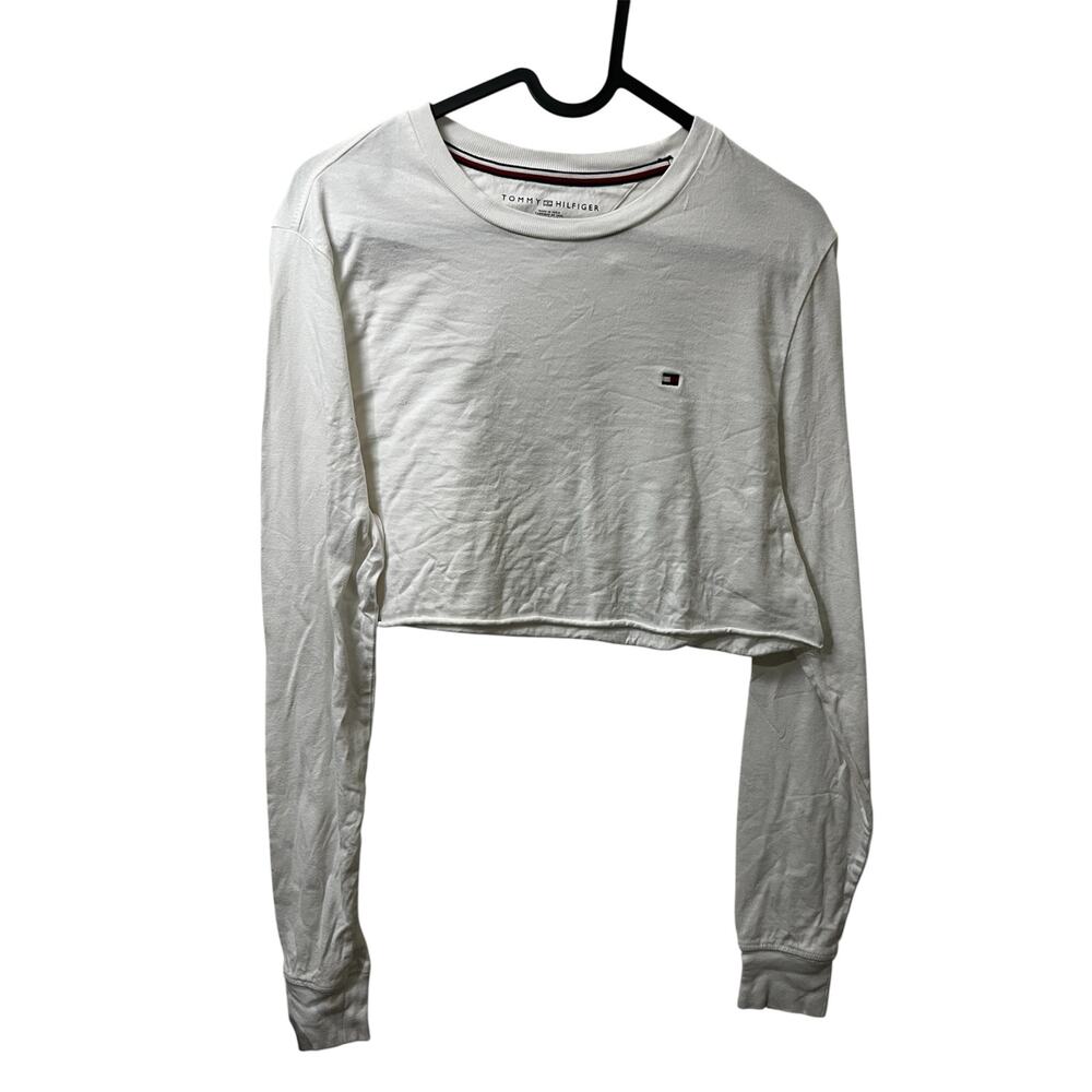 Tommy Jeans White Cropped Long Sleeve T-Shirt XS ribbed neck stretch embroidered